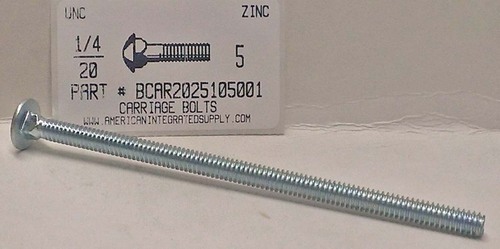 1/4-20X5 CARRIAGE BOLT FULLY THREADED A307 STEEL ZINC PLATED
