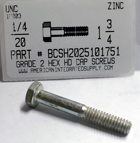 1/4-20X1-3/4 HEX HEAD CAP SCREW GRADE 2 STEEL ZINC PLATED (DISCONTINUED)