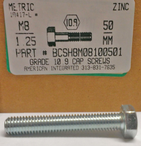 M8-1.25X50mm HEX HEAD CAP SCREW 10.9 STEEL ZINC D933