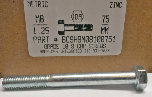 M8-1.25X75mm HEX HEAD CAP SCREW 10.9 STEEL ZINC D931