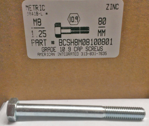 M8-1.25X80mm HEX HEAD CAP SCREW 10.9 STEEL ZINC D931
