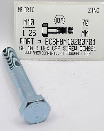M10-1.25X70MM HEX HEAD CAP SCREW 10.9 STEEL ZINC D960