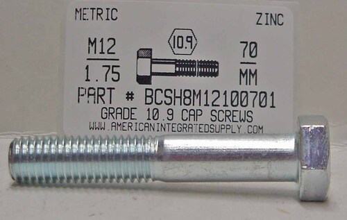 M12-1.75X70mm HEX HEAD CAP SCREW 10.9 STEEL ZINC D931