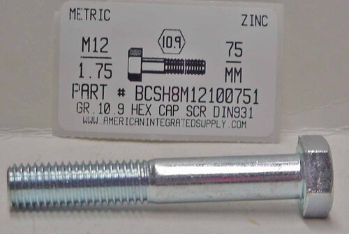 M12-1.75X75mm HEX HEAD CAP SCREW 10.9 STEEL ZINC D931