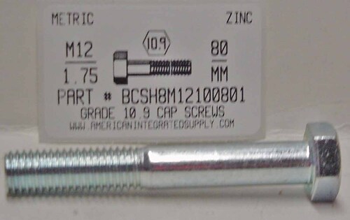 M12-1.75X80mm HEX HEAD CAP SCREW 10.9 STEEL ZINC D931
