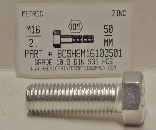M16-2.00X50mm HEX HEAD CAP SCREW 10.9 STEEL ZINC D933