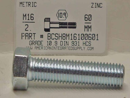 M16-2.00X60mm HEX HEAD CAP SCREW 10.9 STEEL ZINC D933