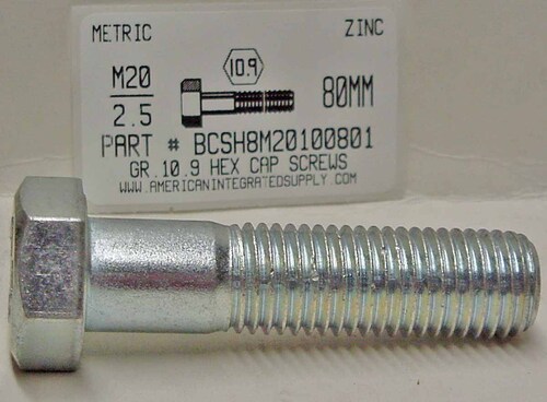 M20-2.50X80mm HEX HEAD CAP SCREW 10.9 STEEL ZINC D931