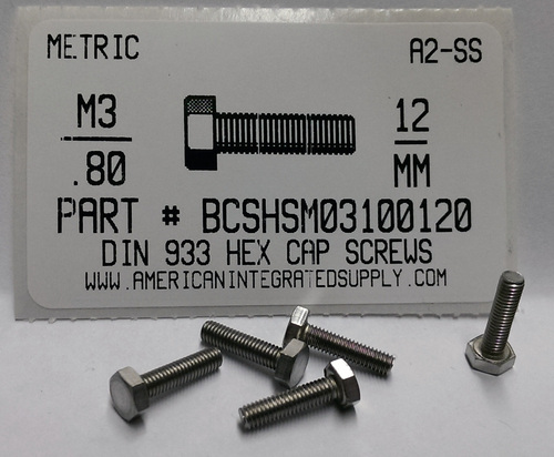 M3-.50X12MM HEX CAP SCREW A2 STAINLESS STEEL D933
