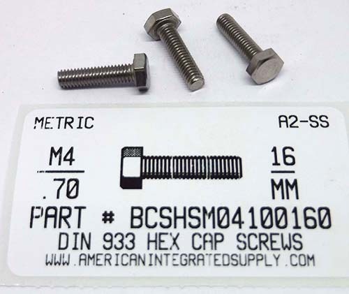 M4-.70X16mm HEX HEAD CAP SCREW A2 STAINLESS STEEL D933