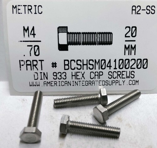 M4-.70X20mm HEX HEAD CAP SCREW A2 STAINLESS STEEL D933