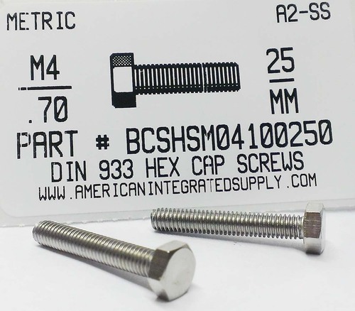 M4-.70X25mm HEX HEAD CAP SCREW A2 STAINLESS STEEL D933