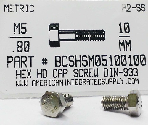 M5-.80X10mm HEX HEAD CAP SCREW A2 STAINLESS STEEL D-933