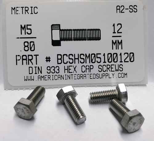 M5-.80X12mm HEX HEAD CAP SCREW A2 STAINLESS STEEL D933