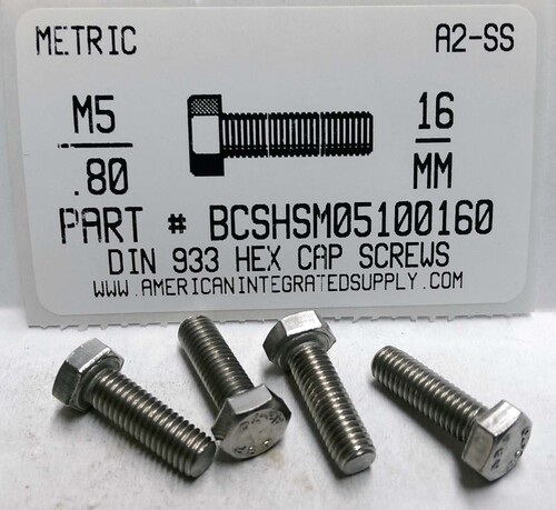 M5-.80X16mm HEX HEAD CAP SCREW A2 STAINLESS STEEL D933