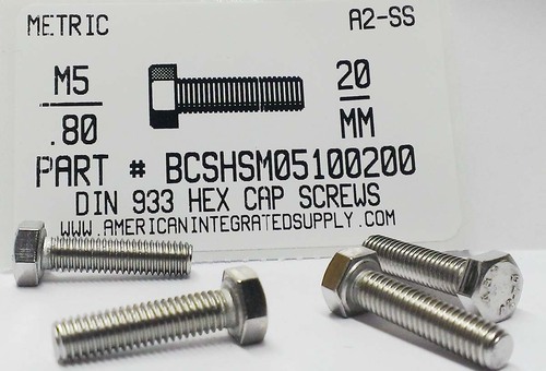 M5-.80X20mm HEX HEAD CAP SCREW A2 STAINLESS STEEL D933