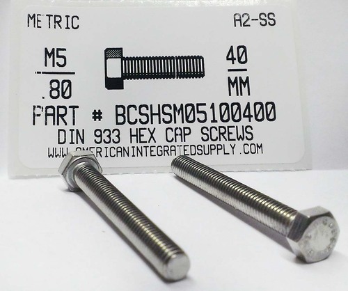 M5-.80X40mm HEX HEAD CAP SCREW A2 STAINLESS STEEL D933