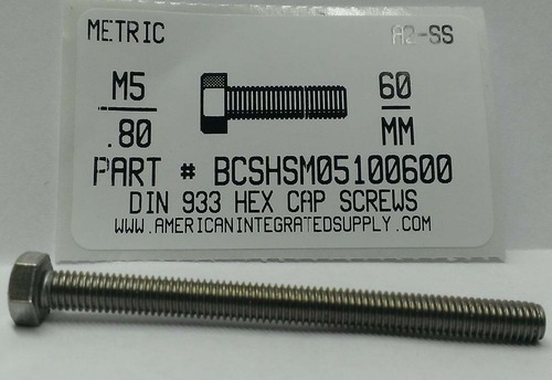 M5-.80X60mm HEX HEAD CAP SCREW A2 STAINLESS STEEL D933