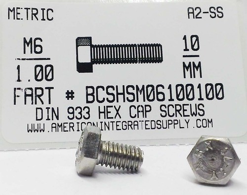 M6-1.00X10mm HEX HEAD CAP SCREW A2 STAINLESS STEEL D933