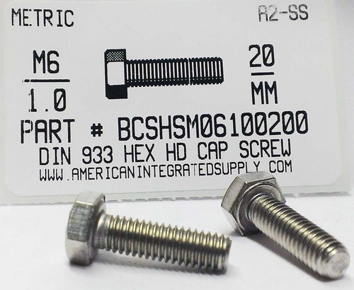 M6-1.00X20mm HEX HEAD CAP SCREW A2 STAINLESS STEEL D933