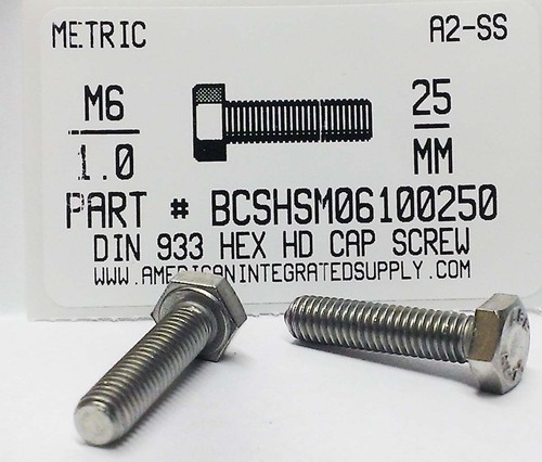 M6-1.00X25mm HEX HEAD CAP SCREW A2 STAINLESS STEEL D933
