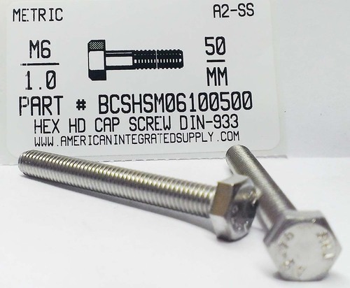 M6-1.00X50mm HEX HEAD CAP SCREW A2 STAINLESS STEEL D933