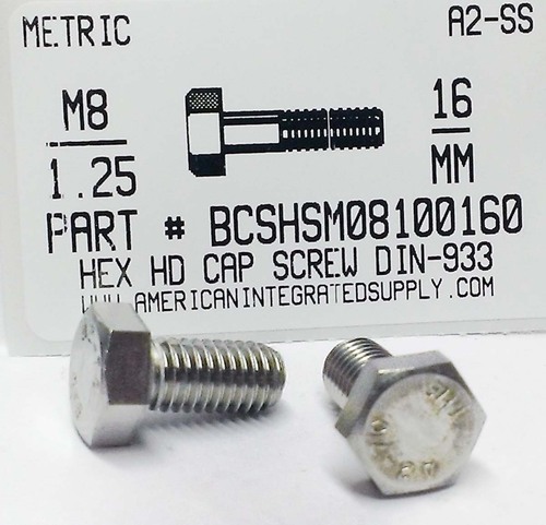 M8-1.25X16mm HEX HEAD CAP SCREW A2 STAINLESS STEEL D933