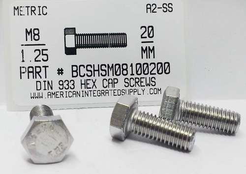 M8-1.25X20mm HEX HEAD CAP SCREW A2 STAINLESS STEEL D933