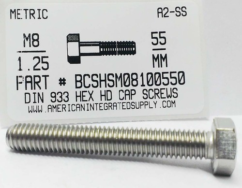 M8-1.25X55mm HEX HEAD CAP SCREW A2 STAINLESS STEEL D933