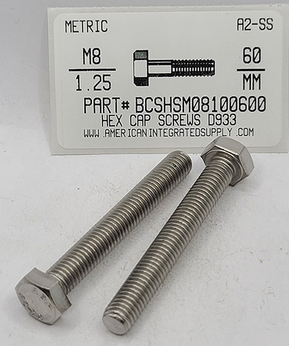 M8-1.25X60mm HEX HEAD CAP SCREW A2 STAINLESS STEEL D933