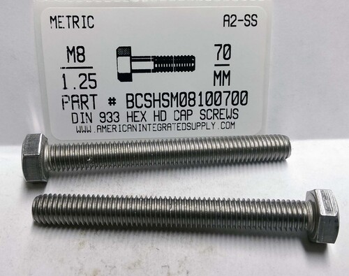 M8-1.25X70mm HEX HEAD CAP SCREW A2 STAINLESS STEEL D933