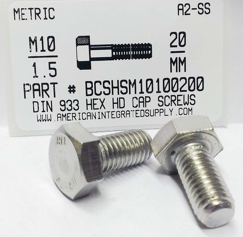 M10-1.50X20mm HEX HEAD CAP SCREW A2 STAINLESS STEEL D933