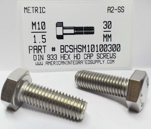 M10-1.50X30mm HEX HEAD CAP SCREW A2 STAINLESS STEEL D933