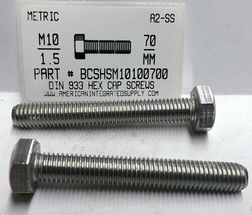 M10-1.50X70mm HEX HEAD CAP SCREW A2 STAINLESS STEEL D933
