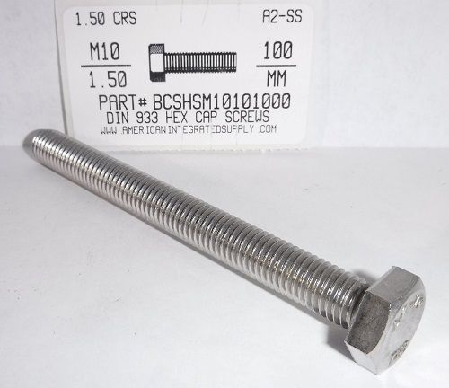 M10-1.50X100MM HEX HEAD CAP SCREW A2 STAINLESS STEEL D933 FULL THREAD