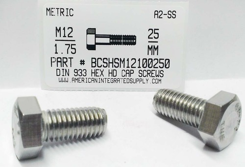 M12-1.75X25mm HEX HEAD CAP SCREW A2 STAINLESS STEEL D933