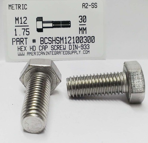 M12-1.75X30mm HEX HEAD CAP SCREW A2 STAINLESS STEEL D933