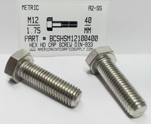 M12-1.75X40mm HEX HEAD CAP SCREW A2 STAINLESS STEEL D933