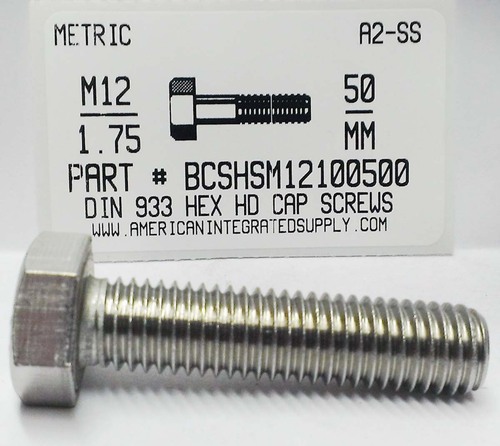 M12-1.75X50mm HEX HEAD CAP SCREW A2 STAINLESS STEEL D933