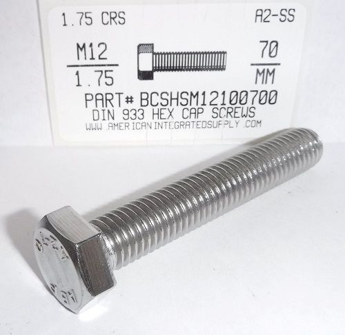 M12-1.75X70mm HEX HEAD CAP SCREW A2 STAINLESS STEEL D933