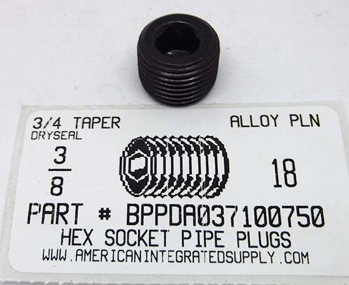 3/8-18 HEX SOCKET PIPE PLUG DRYSEAL 3/4 TAPER ALLOY STEEL BLACK