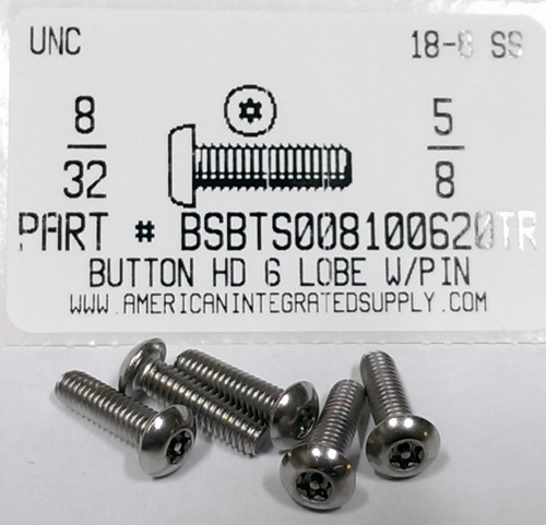 #8-32X5/8 BUTTON HEAD PIN-IN- 6 LOBE SCREW 18-8 STAINLESS STEEL T15 DR