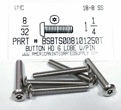 #8-32X1-1/4 BUTTON HEAD PIN-IN- 6 LOBE SCREW 18-8 STAINLESS STEEL T15 DR