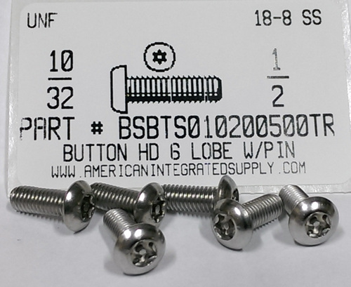 #10-32X1/2 BUTTON HEAD PIN-IN-6 LOBE CAP SCREW 18-8 STAINLESS STEEL T25 DRIVE