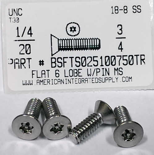 1/4-20X3/4 FLAT HEAD 6 LOBE T30 DRIVE WITH PIN CAP SCREW 18-8 STAINLESS STEEL