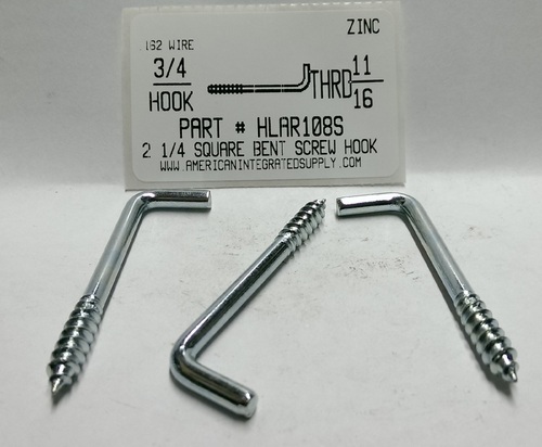 2-1/4"OAL SQUARE BEND SCREW HOOK STL ZP .162"DIAMX3/4"HOOKX11/16"THRD