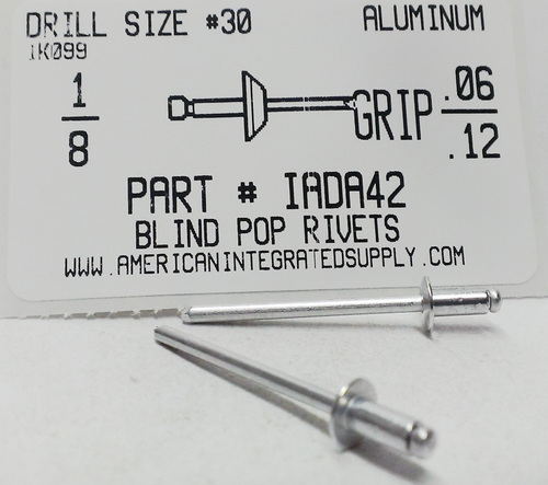 1/8 BLIND RIVET .063-.125 GRIP ALUMINUM RIVET ALUMINUM MANDREL