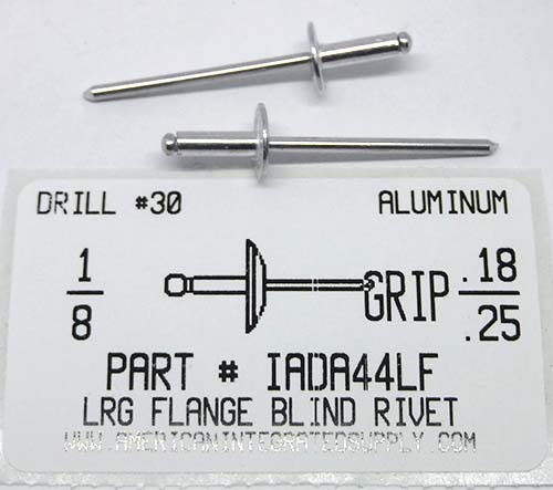 1/8 BLIND RIVET .188-.250 GRIP LARGE FLANGE ALUMINUM RIVET ALUMINUM MANDREL