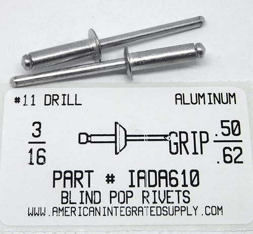 3/16 BLIND RIVET .501-.625 GRIP ALUMINUM RIVET ALUMINUM MANDREL