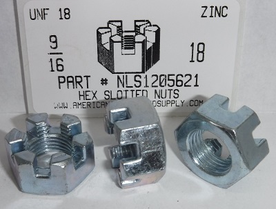 9/16-18 HEX SLOTTED NUT STEEL ZINC PLATED 7/8" AF X 31/64"TH